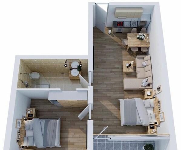 A modern apartment layout with a bedroom, bathroom, and living area. - Holiday Apartment 603 (Winterberg)