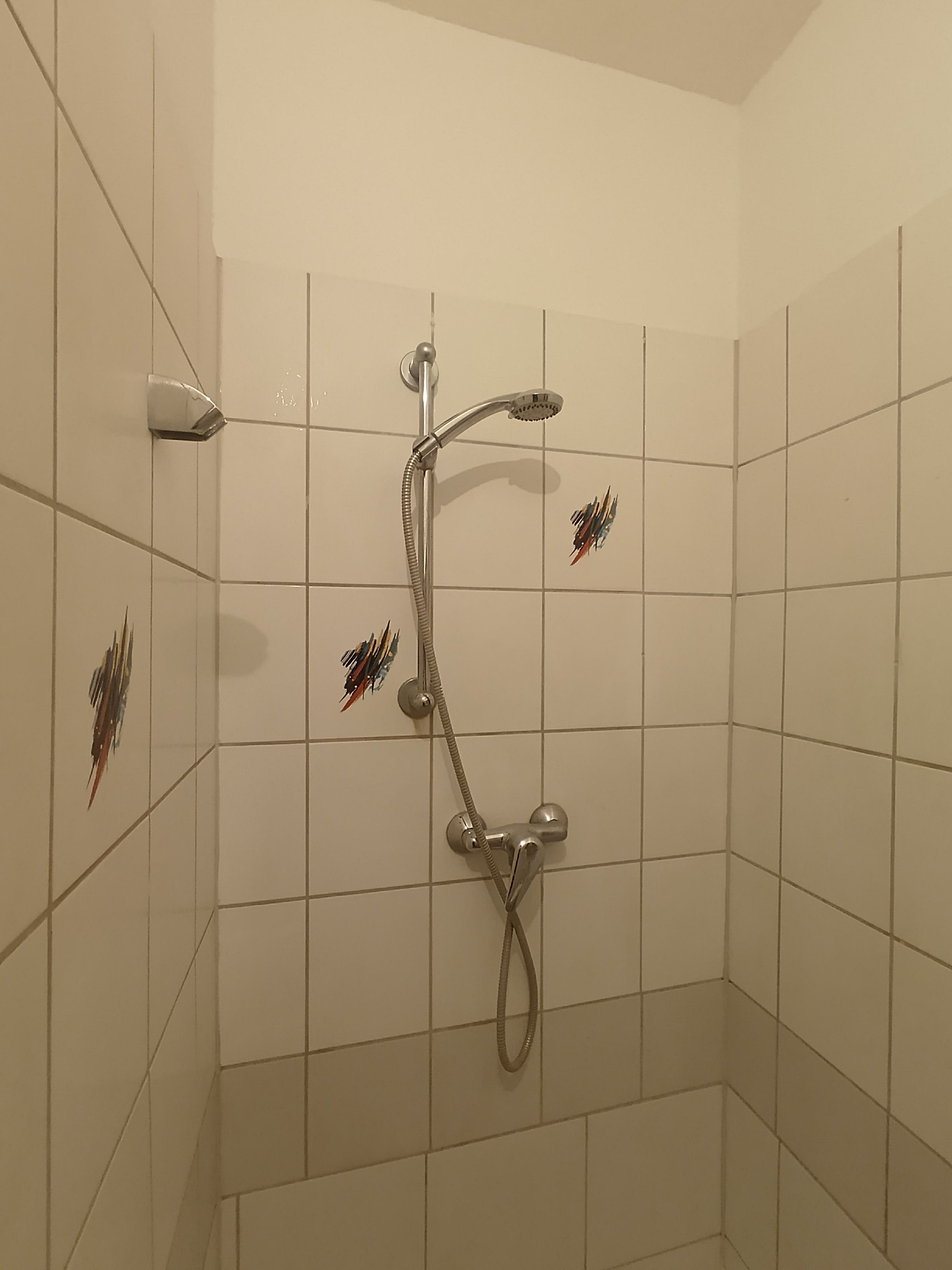 Een douche met een handdouche en een vaste douchekop, beide met flexibele slang.