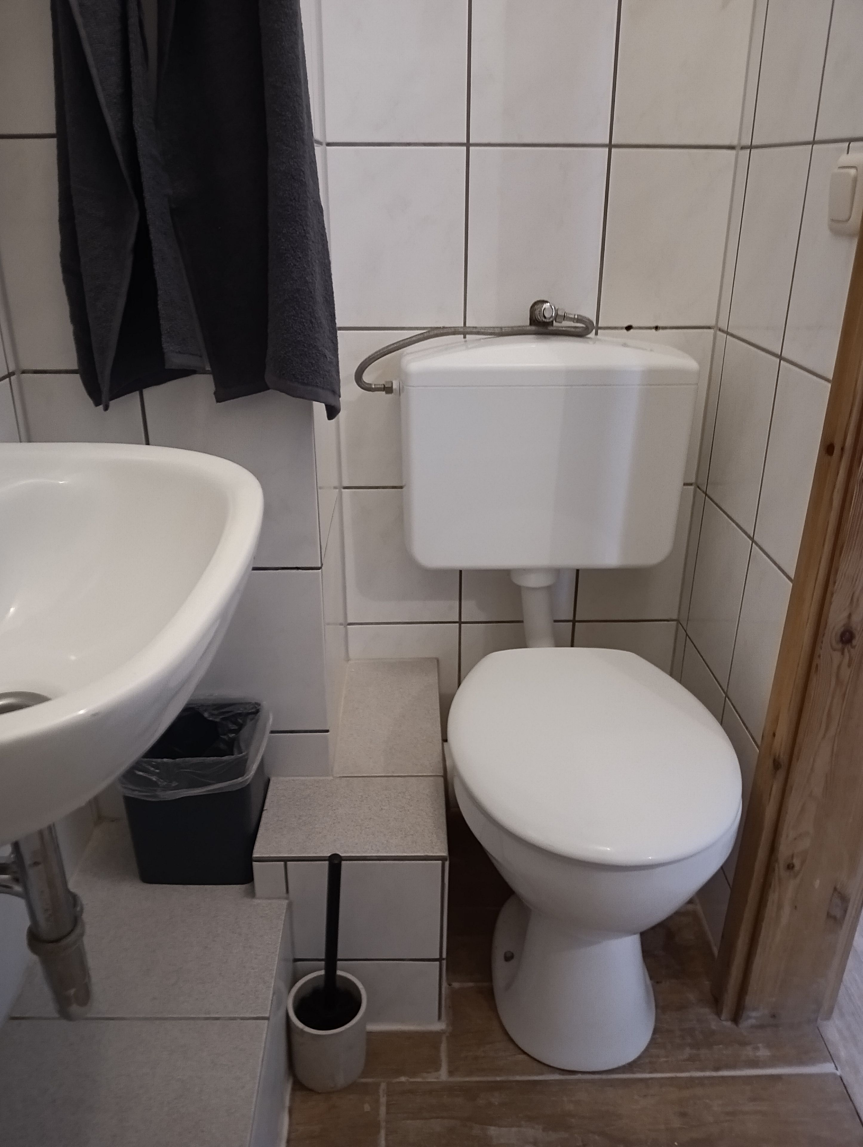 Ein Badezimmer mit Waschbecken, Toilette und Mülleimer.