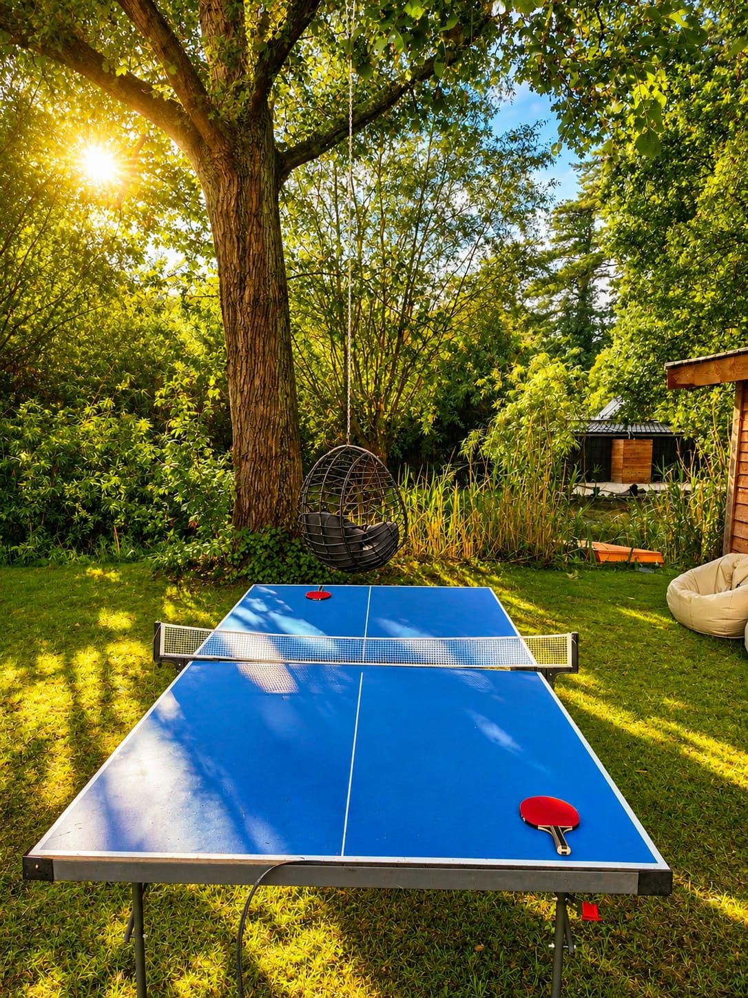 Een tafeltennistafel buiten, opgesteld in een tuin met een boom en een klein gebouw op de achtergrond.