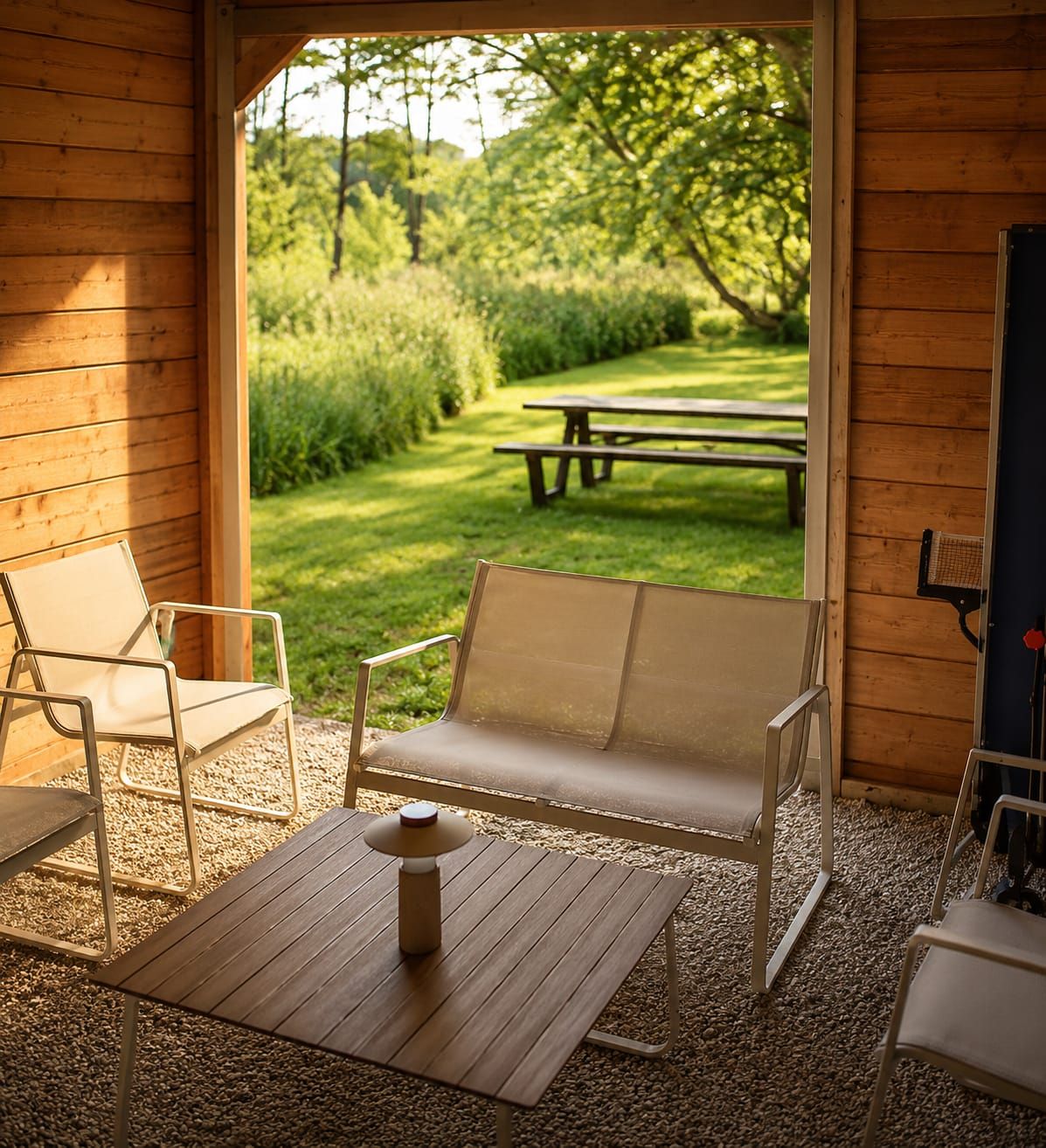 Een houten hut met een terras, compleet met een bank, een tafel en een stoel.