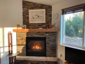 A stone fireplace with a framed artwork above it, a television on the right, and a window with a view of trees. - Cozy house on seven wooded acres near Hamilton (Hamilton)