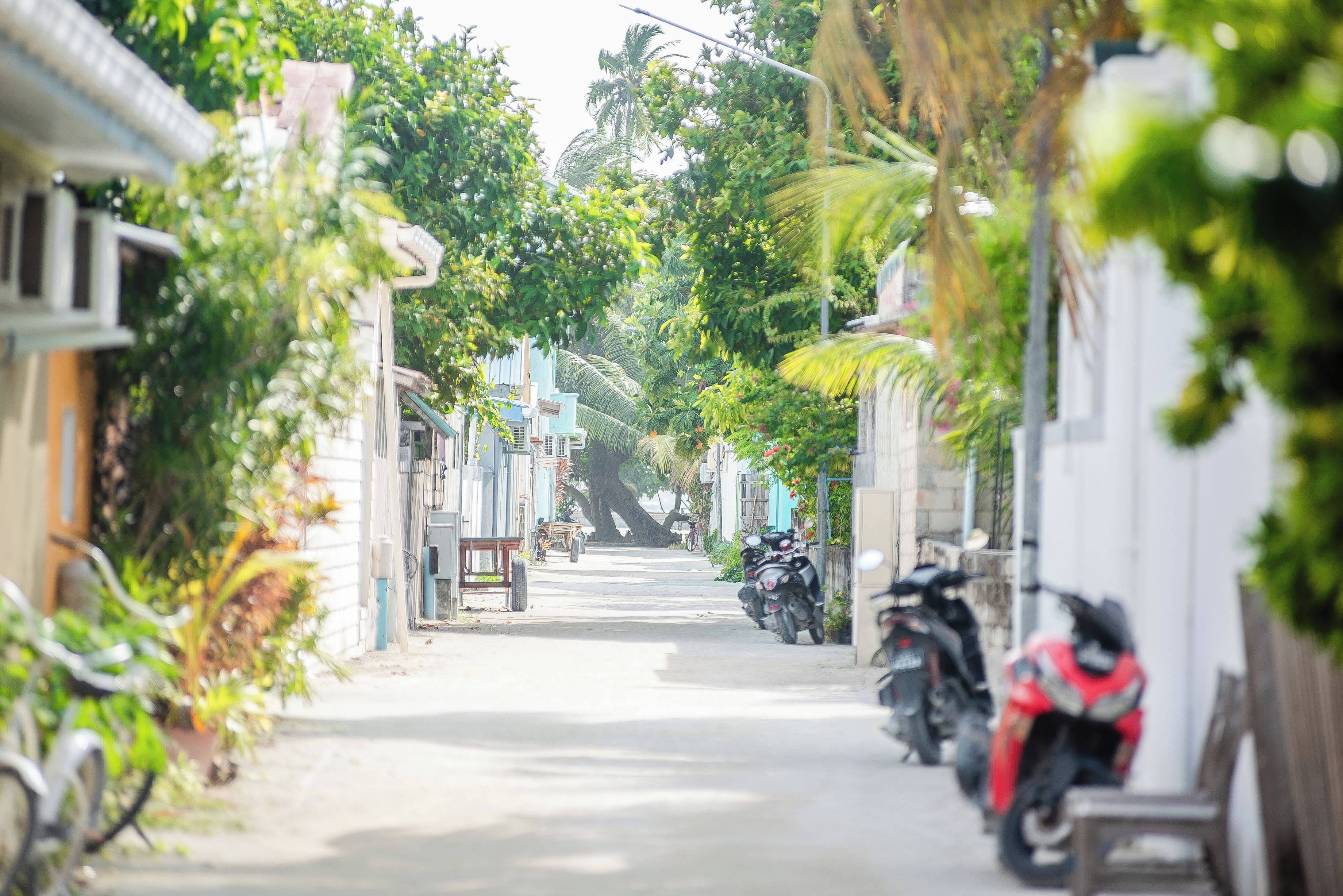 Una calle estrecha bordeada de motocicletas y bicicletas estacionadas, con edificios que muestran balcones y ventanas.