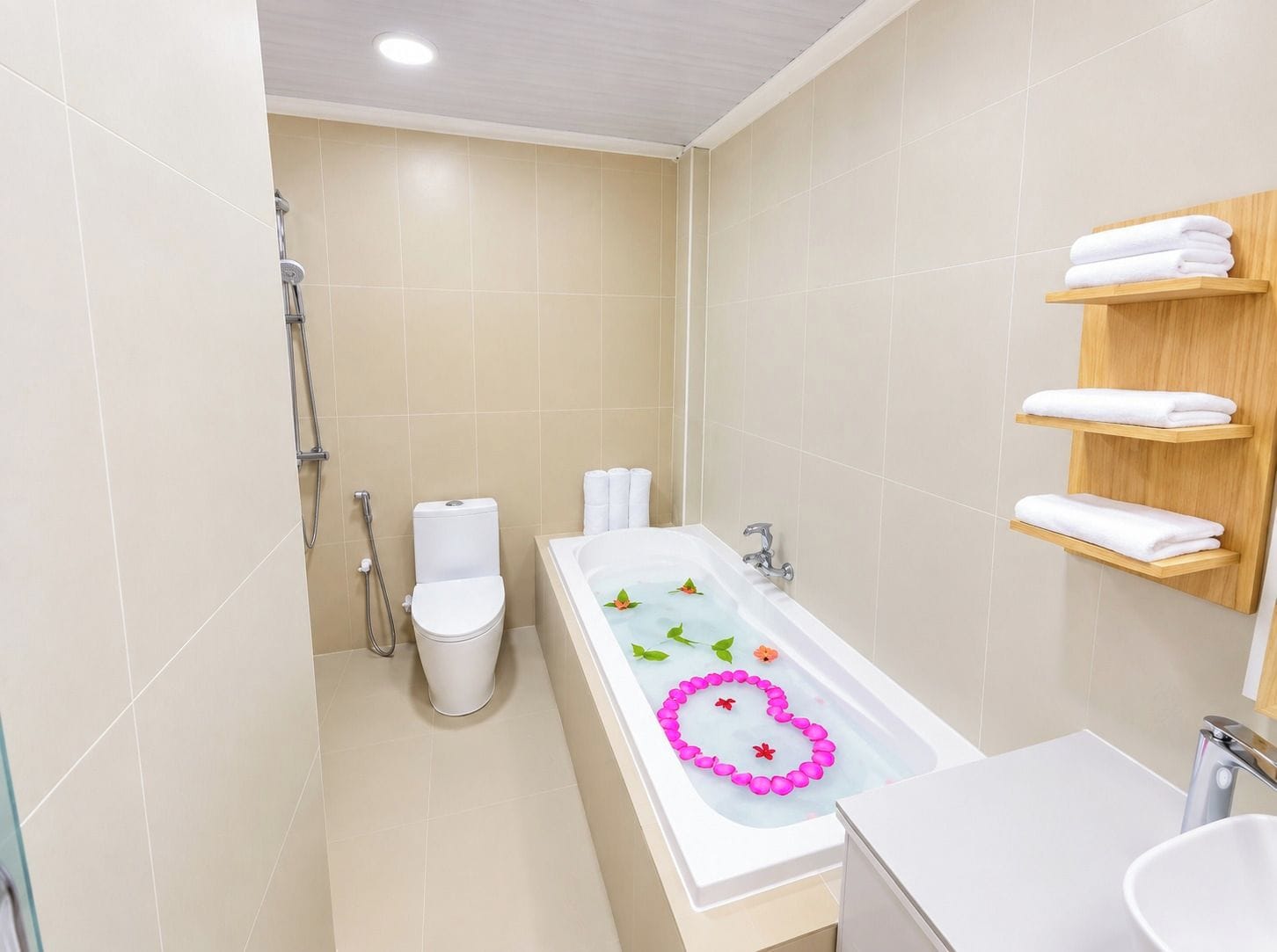 A modern bathroom with a bathtub, toilet, and shower. There are wooden shelves with towels.