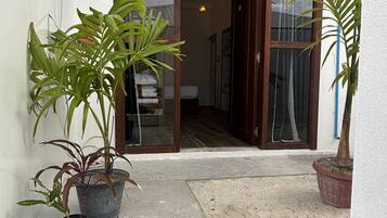 A potted plant, a concrete patio, and a doorway leading to a room.