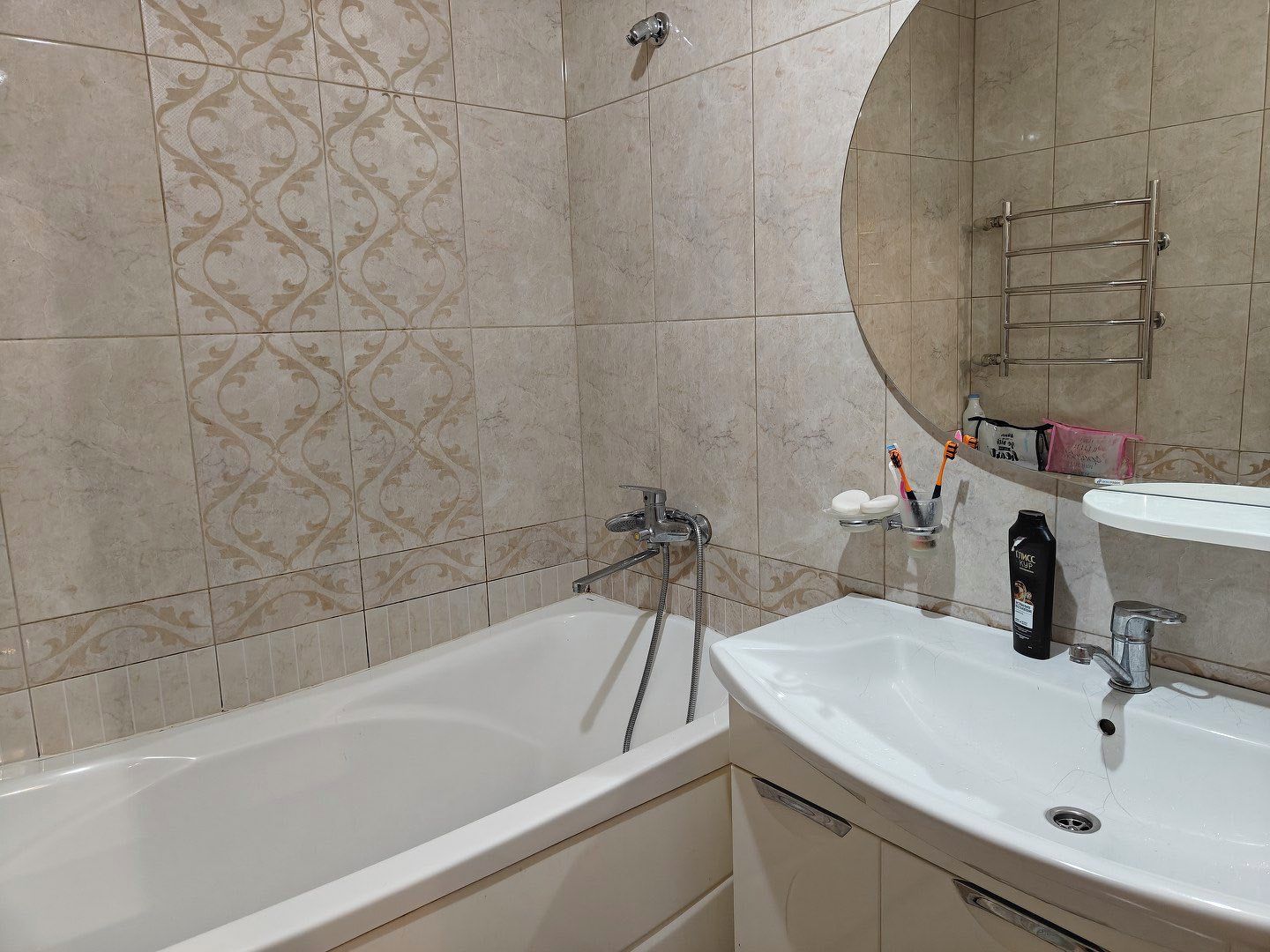 Hair dryer, towels, soap, toilet paper