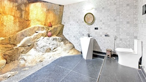 Casa de banho com mural de parede de pedra, uma pia e uma sanita.
