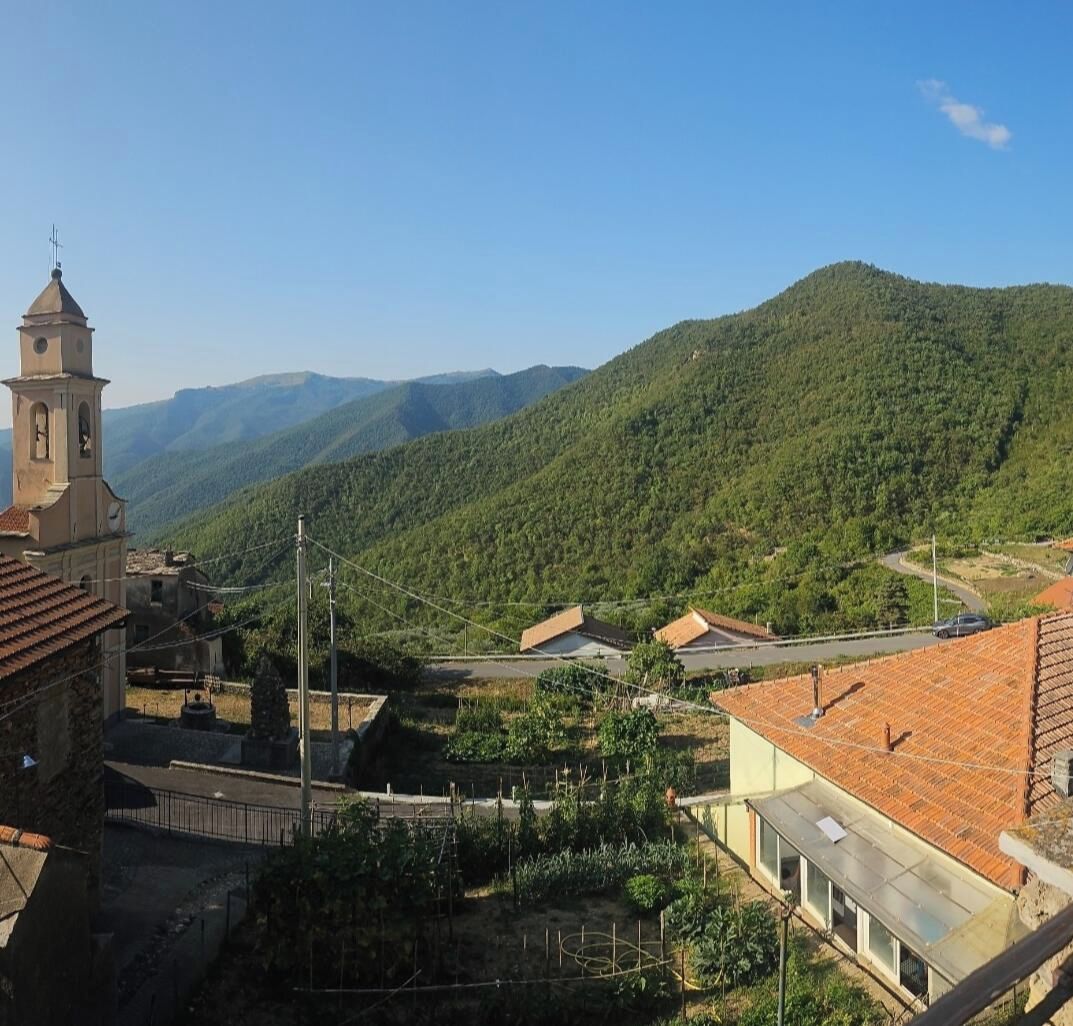 Ein ländliches Dorf mit einer Kirche, Reihenhäusern und einer Bergkulisse im Hintergrund.