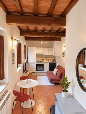 Un espace de vie compact comprenant un coin cuisine, un coin repas avec une table et des chaises, un canapé et une plante en pot.