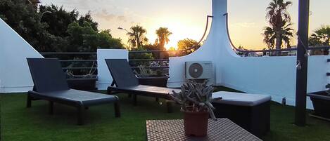 A rooftop terrace with lounge chairs, a potted plant, and an air conditioning unit.