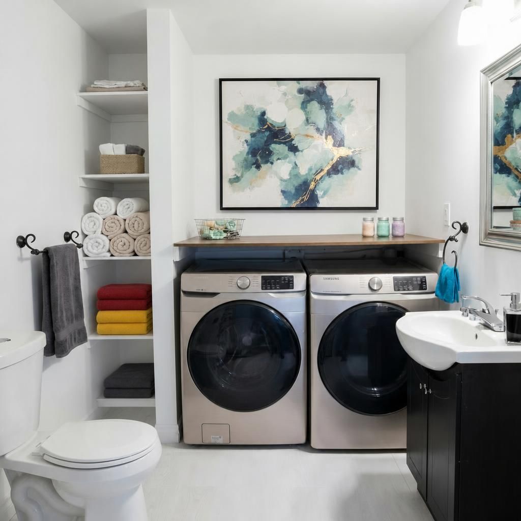 Une petite buanderie équipée de deux machines à laver à chargement frontal, d’un évier et de toilettes.