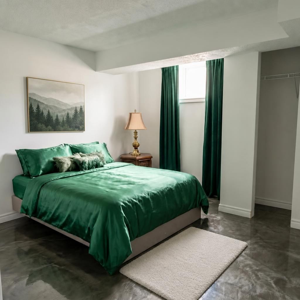 Une chambre à coucher avec un lit, une table de chevet, une lampe, un tableau et des rideaux verts.