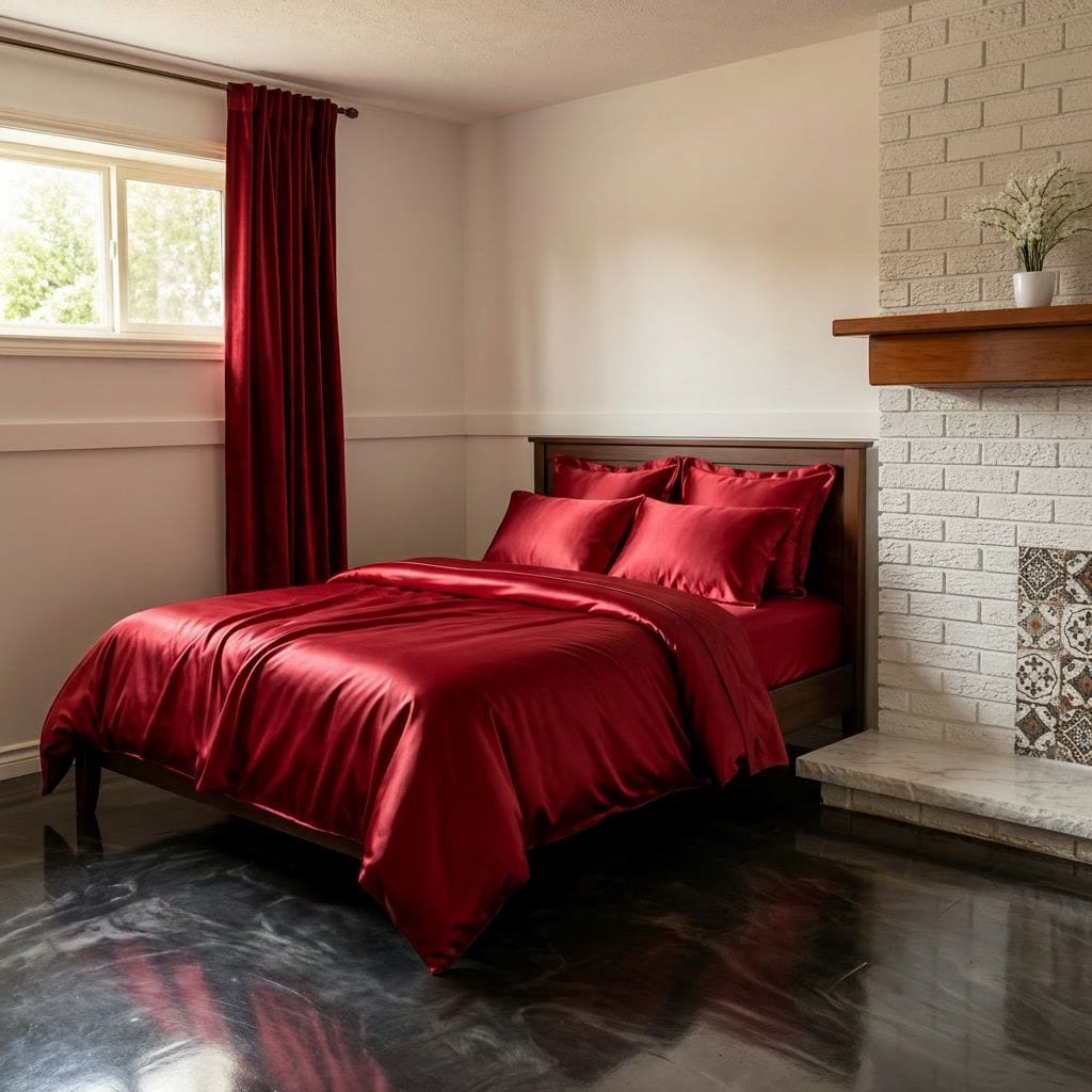 Une pièce avec un lit, une fenêtre avec des rideaux, un mur décoré d’un motif en briques et une étagère avec une plante.