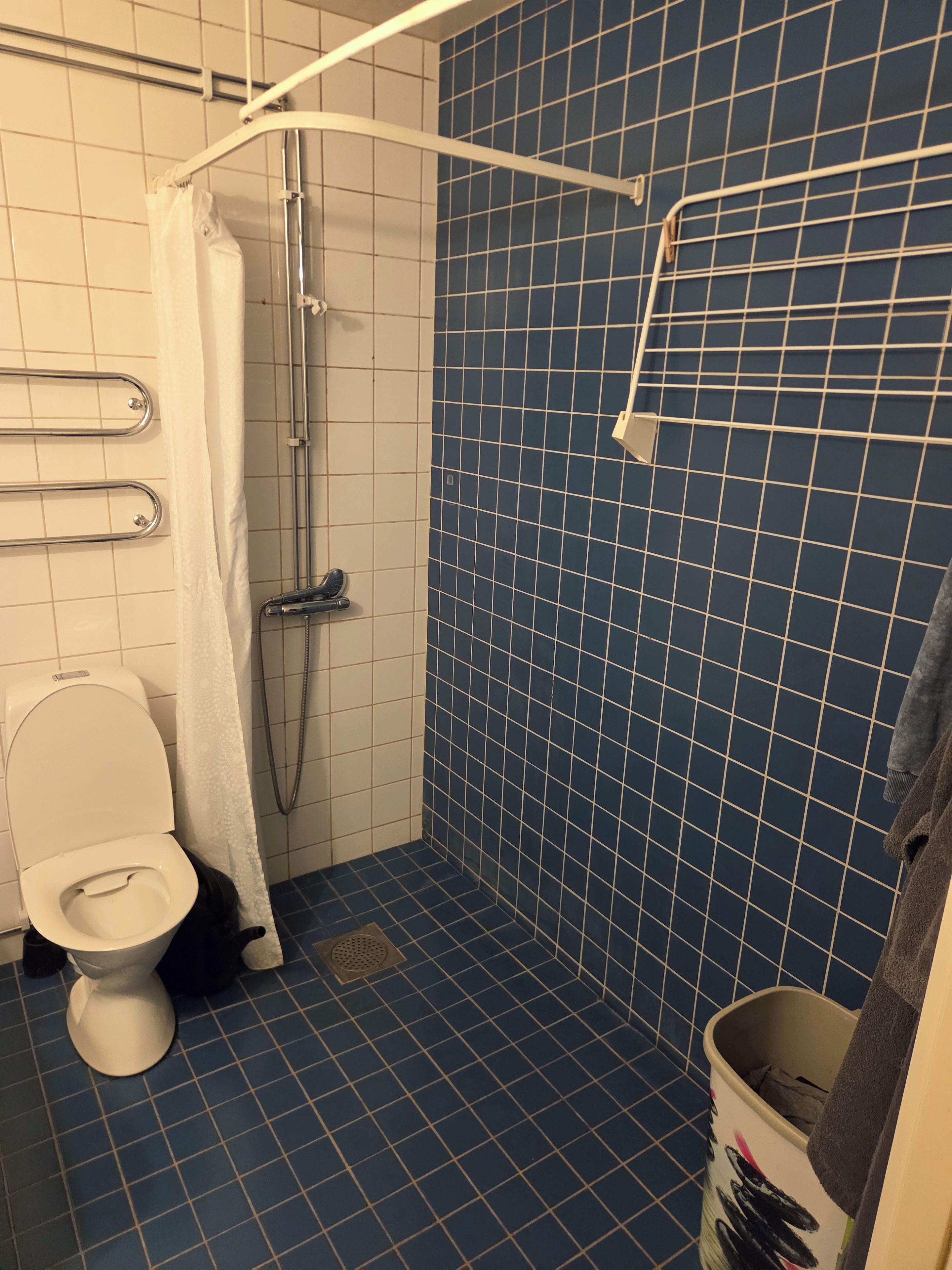 Ein Badezimmer mit einer weißen Toilette, einer Duschkabine mit weißem Vorhang und einer blauen Fliesenwand.