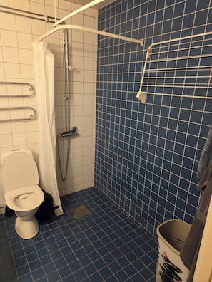 A bathroom with a white toilet, a shower area with a white curtain, and a blue tiled wall.