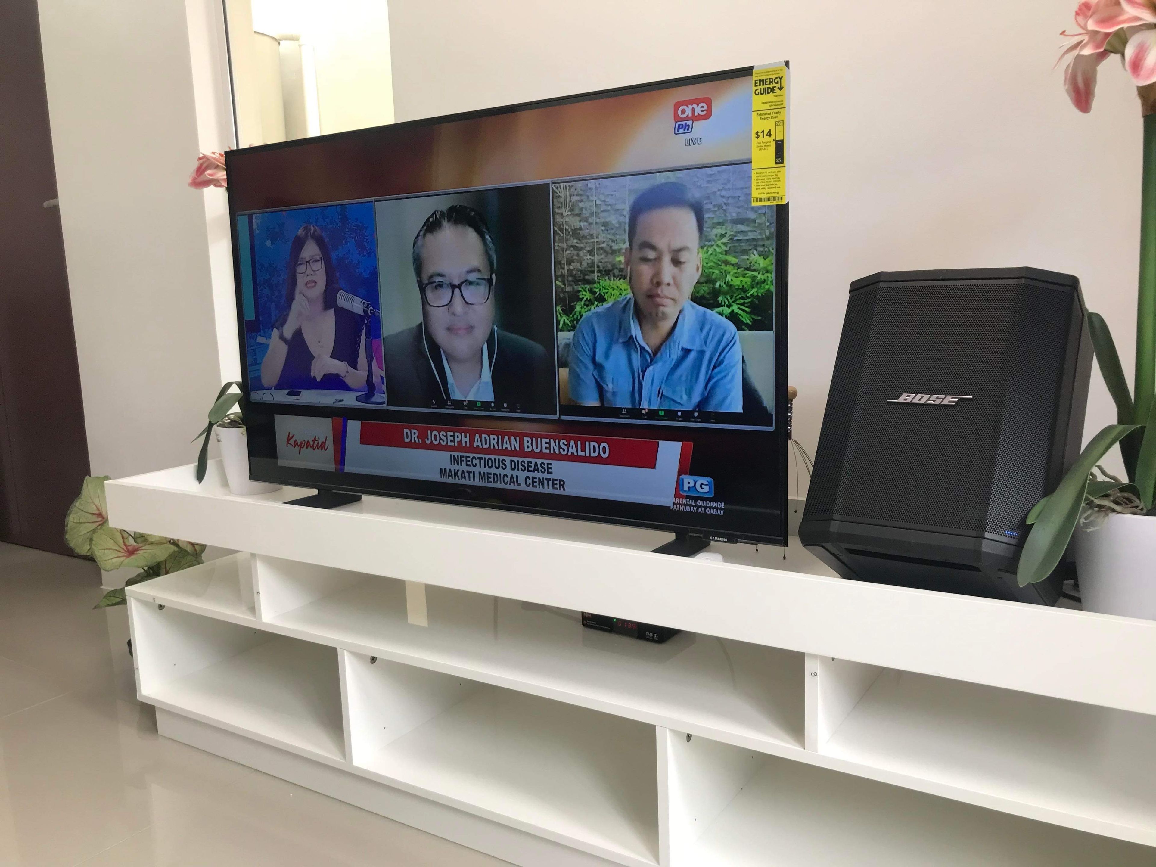 Ein Fernsehgerät auf einem weißen Schrank, zusammen mit einer Fernbedienung, einer Pflanze und einem Lautsprecher.