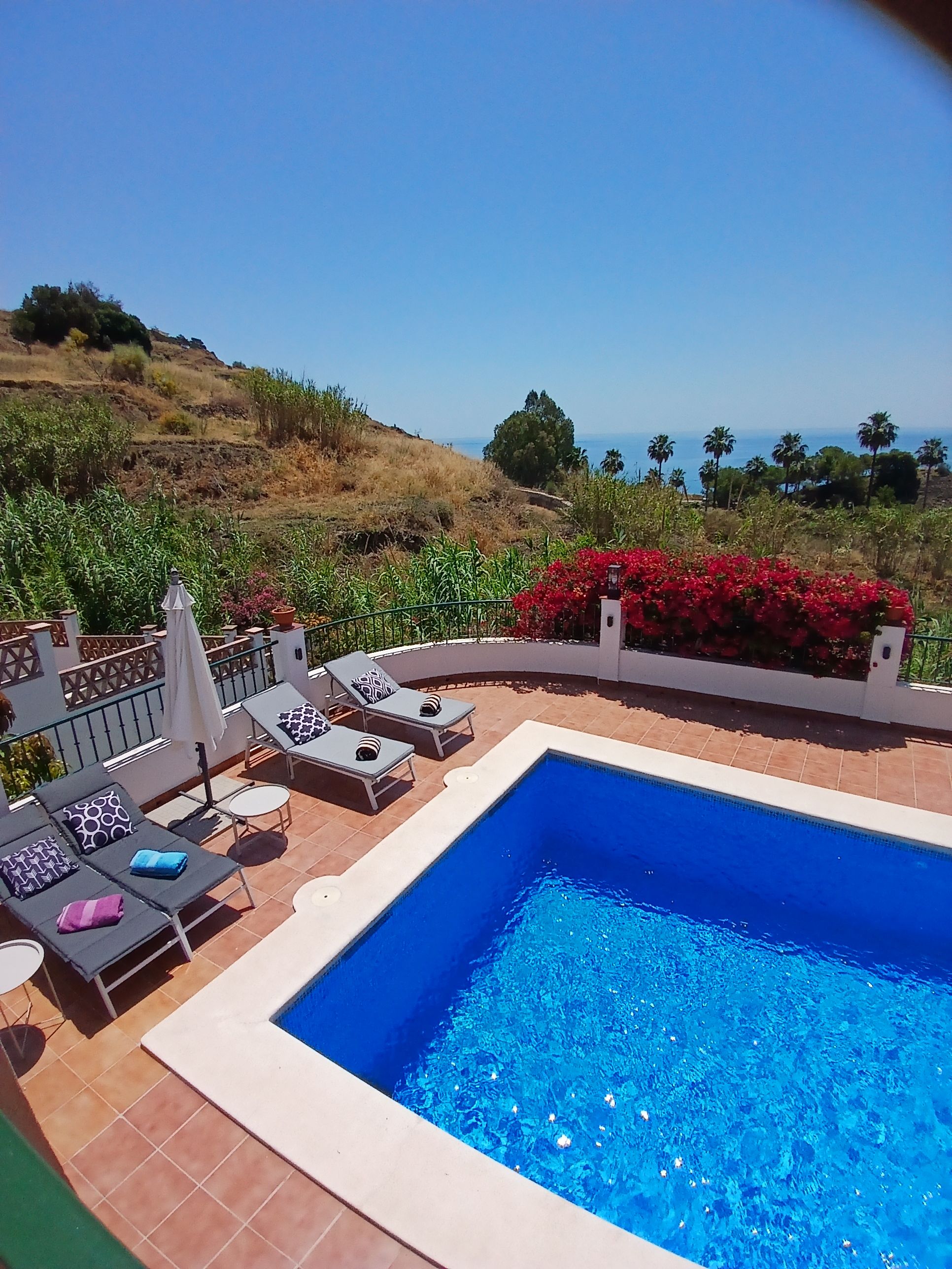 A swimming pool with lounge chairs and a view of the sea.