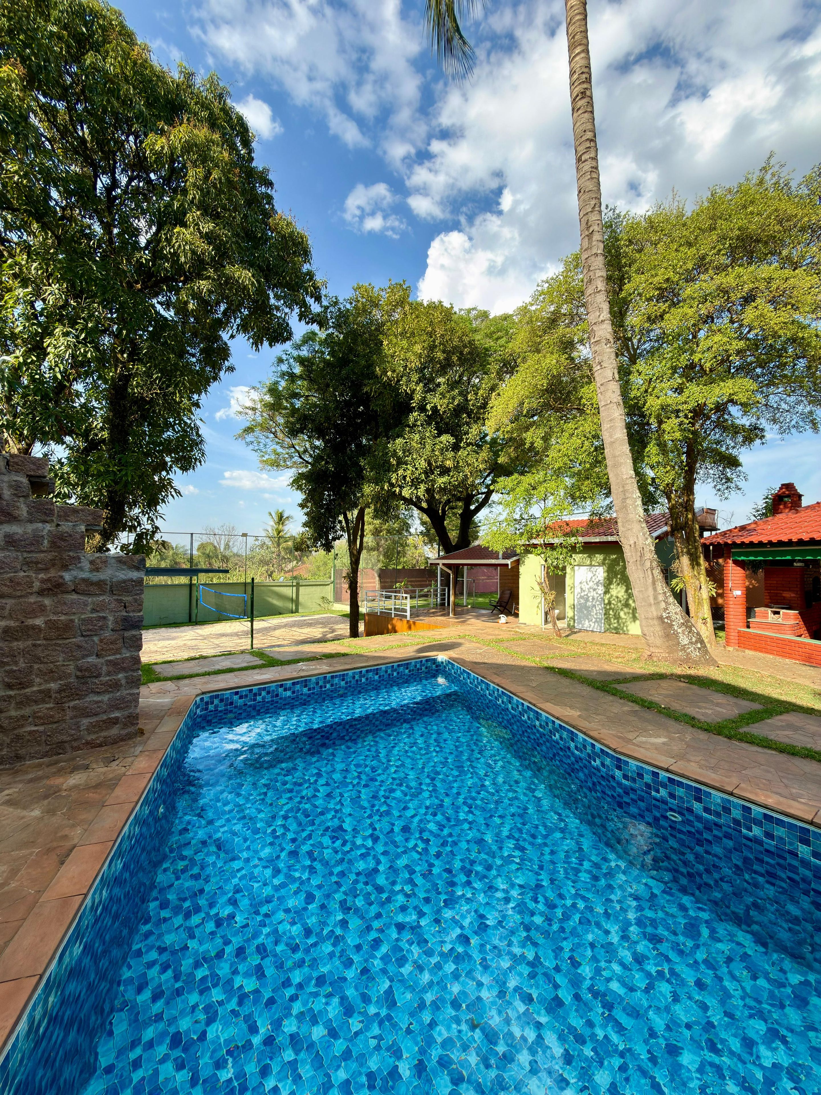 Ein Pool mit einer Fliesenbordsteinkante, umgeben von Bäumen und einer Ziegelmauer.