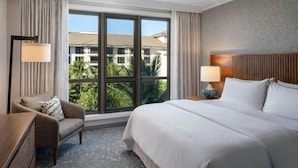 Une chambre d’hôtel avec un grand lit, une chaise, un bureau et une vue sur les palmiers, visible à travers de grandes fenêtres.