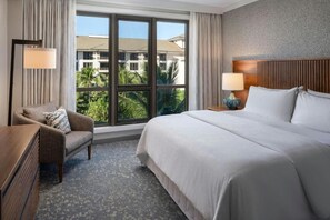 Une chambre d’hôtel avec un grand lit, une chaise, un bureau et une vue sur les palmiers, visible à travers de grandes fenêtres.