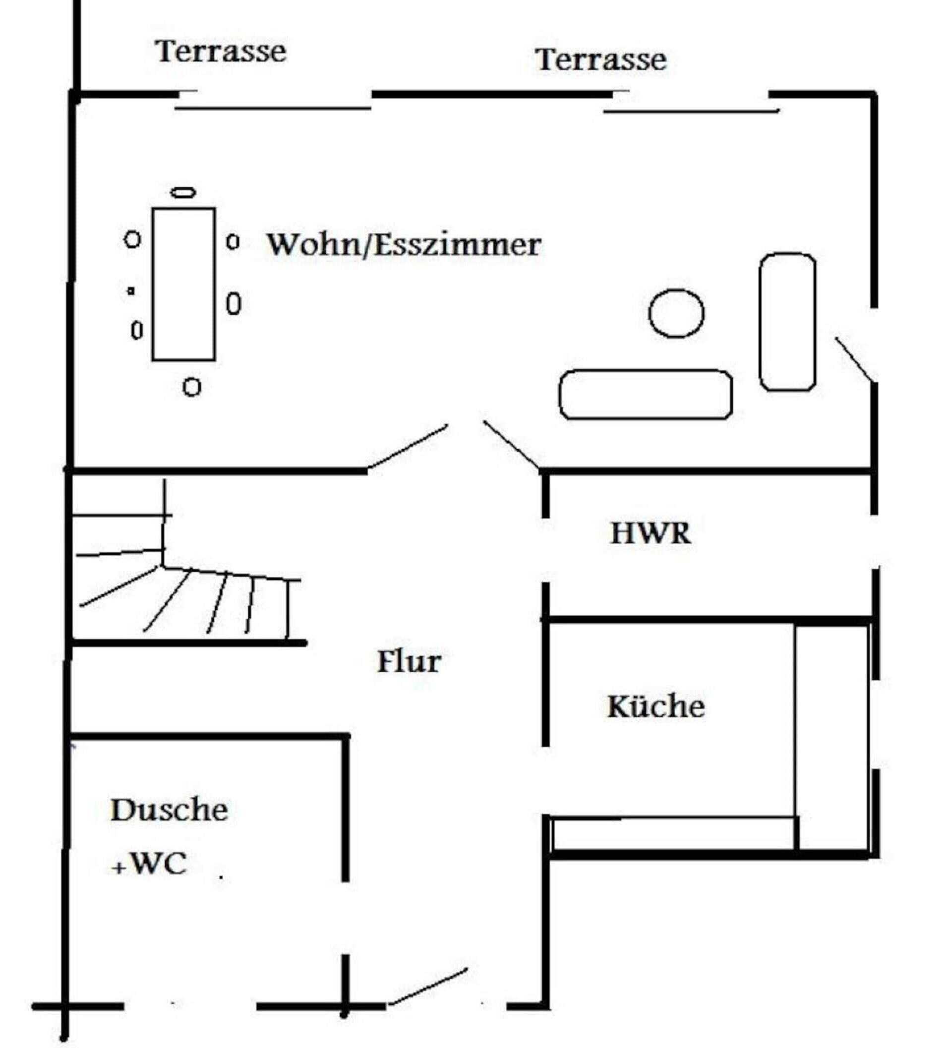 A floor plan with a living area, kitchen, bathroom, and a hallway.