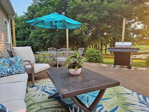 An outdoor patio with a grill, seating area, and a table with a potted plant. - Tranquil Lakeside Retreat II (Milan)