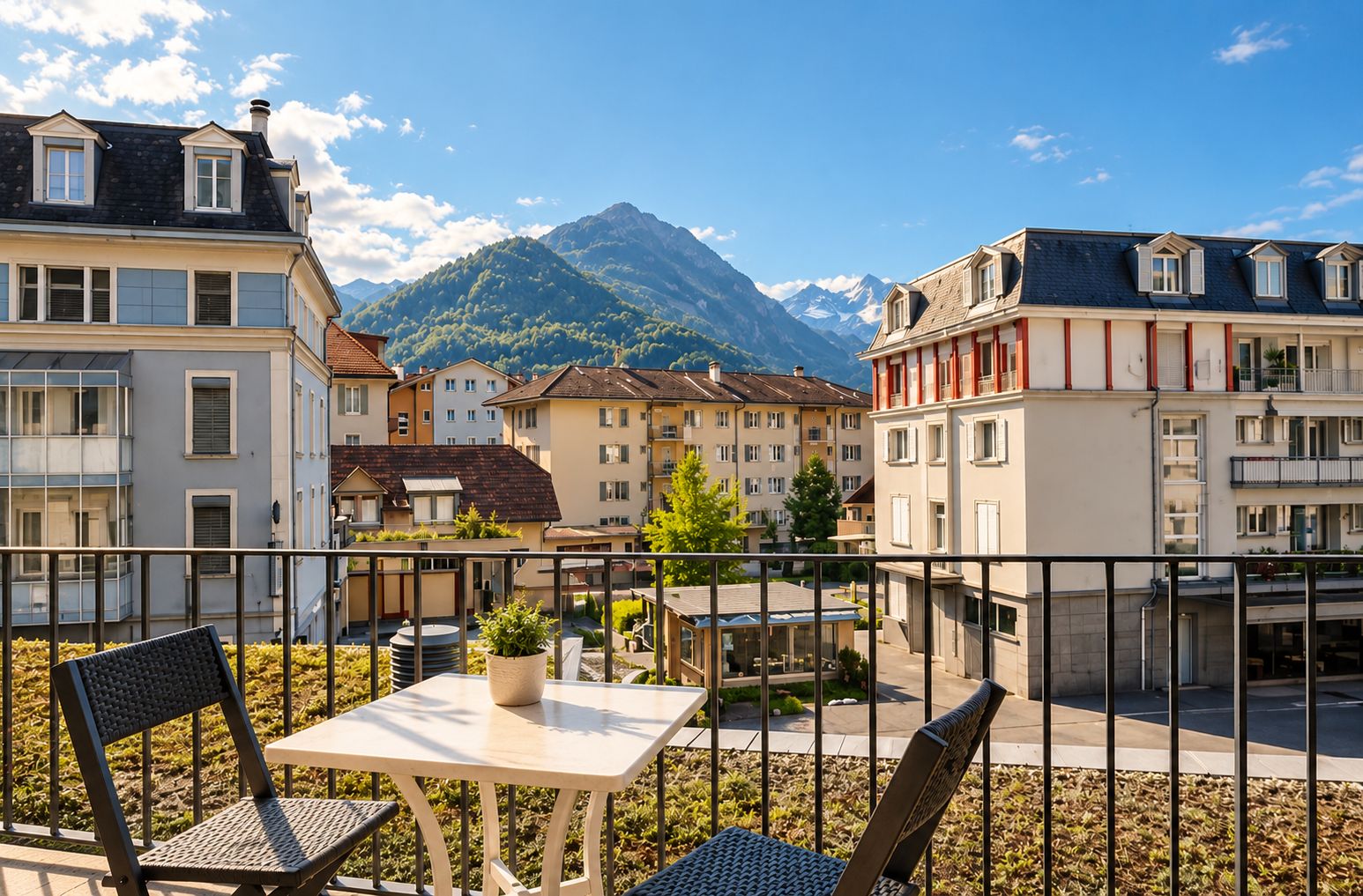 A balcony with a table and chairs, overlooking a residential area with buildings and a mountain in the background.
