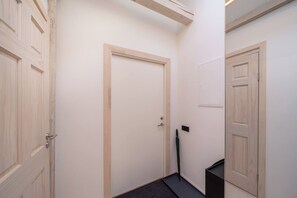 A hallway with wooden doors, a black door frame, and a small black object on the floor. - Stylish 2-BR Loft | AC, Cheap parking & Sleeps 6 (Riga)
