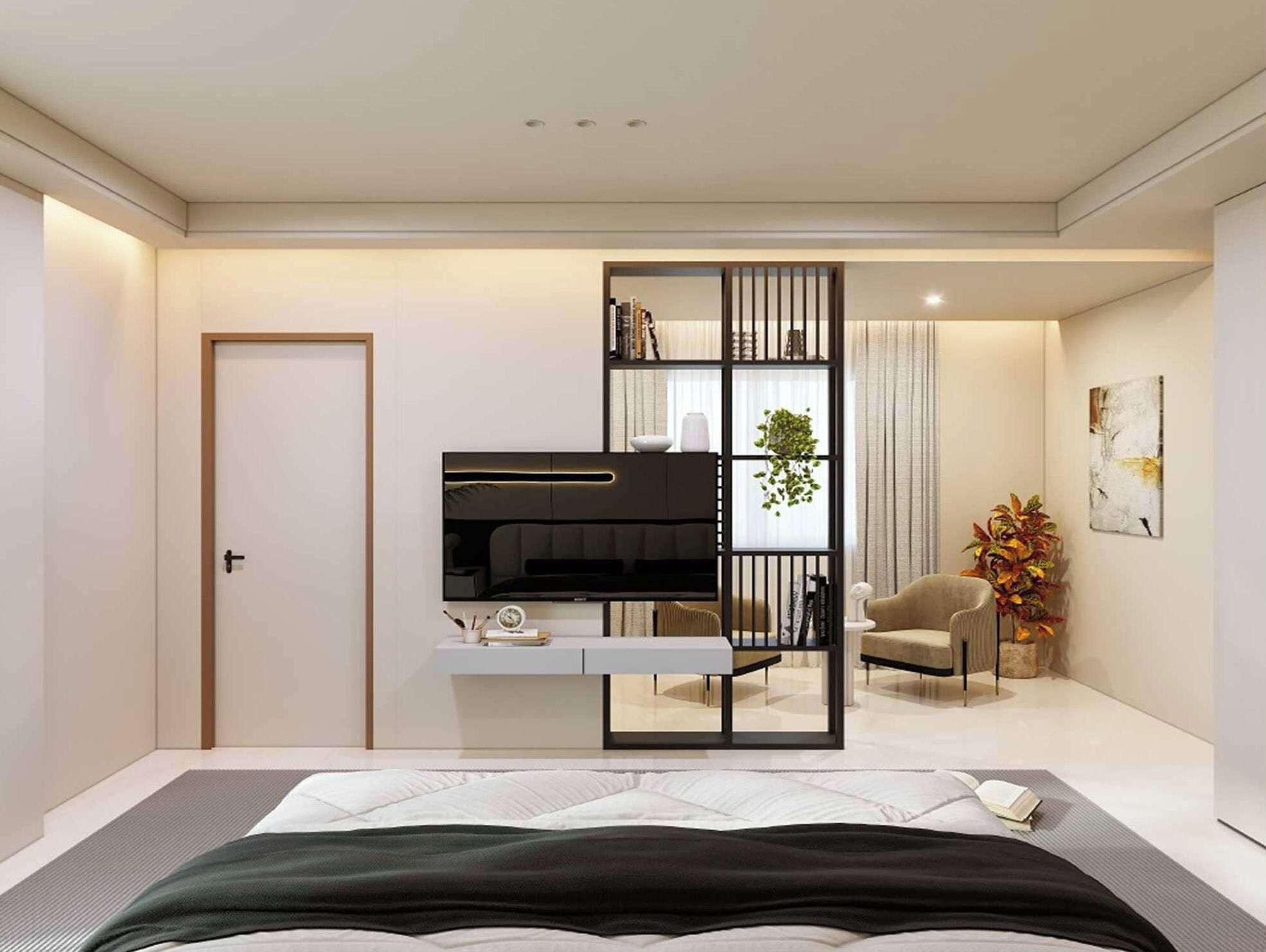 Un dormitorio moderno con una cama, un escritorio, una silla y una estantería.