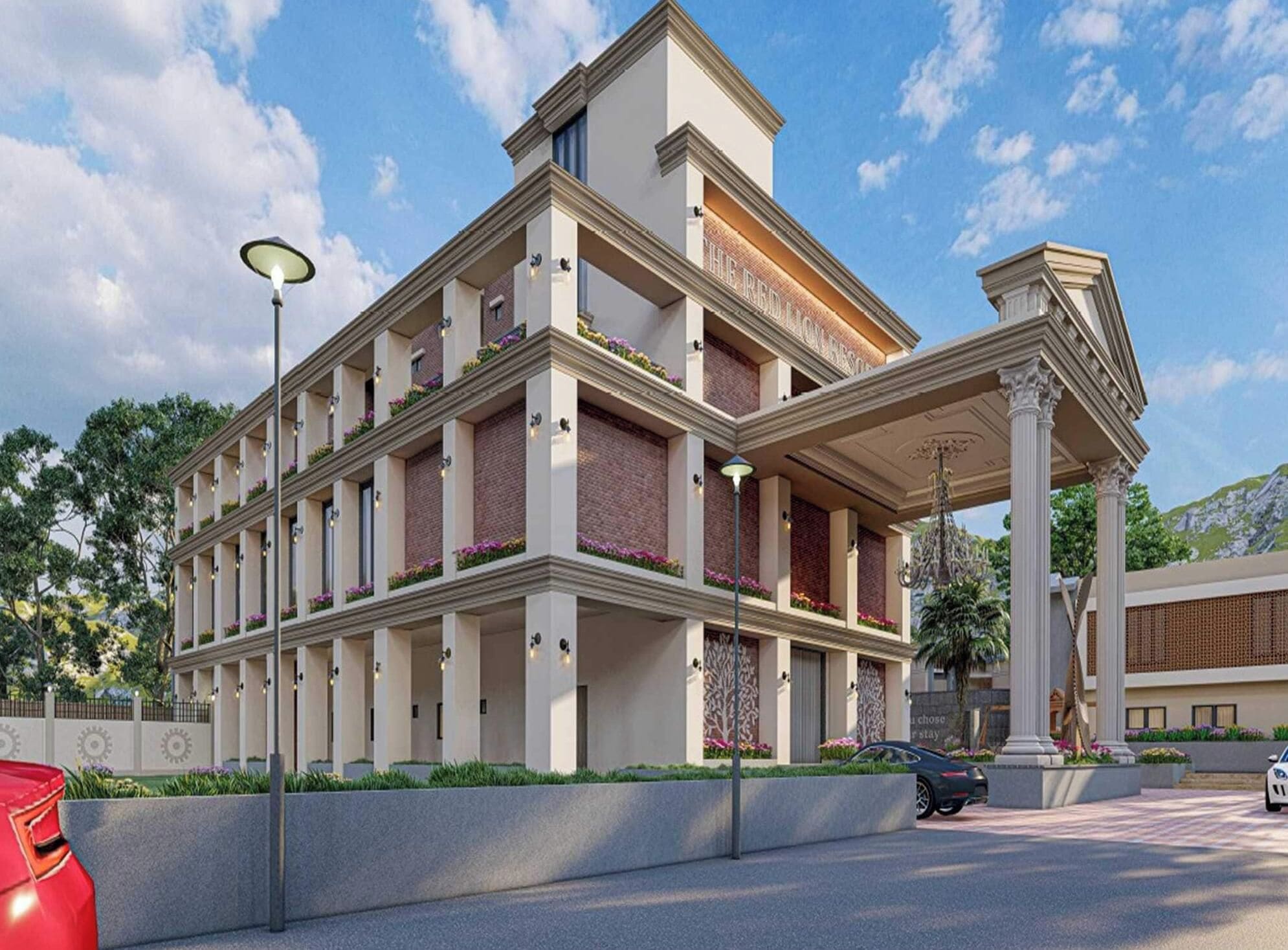 A multi-story hotel with a central courtyard, balconies with flower boxes, and a classical entrance with columns.