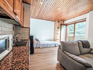 Ein gemütlicher, kompakter Wohnraum mit Küchenzeile, einem Bett und einer Schlafcouch.