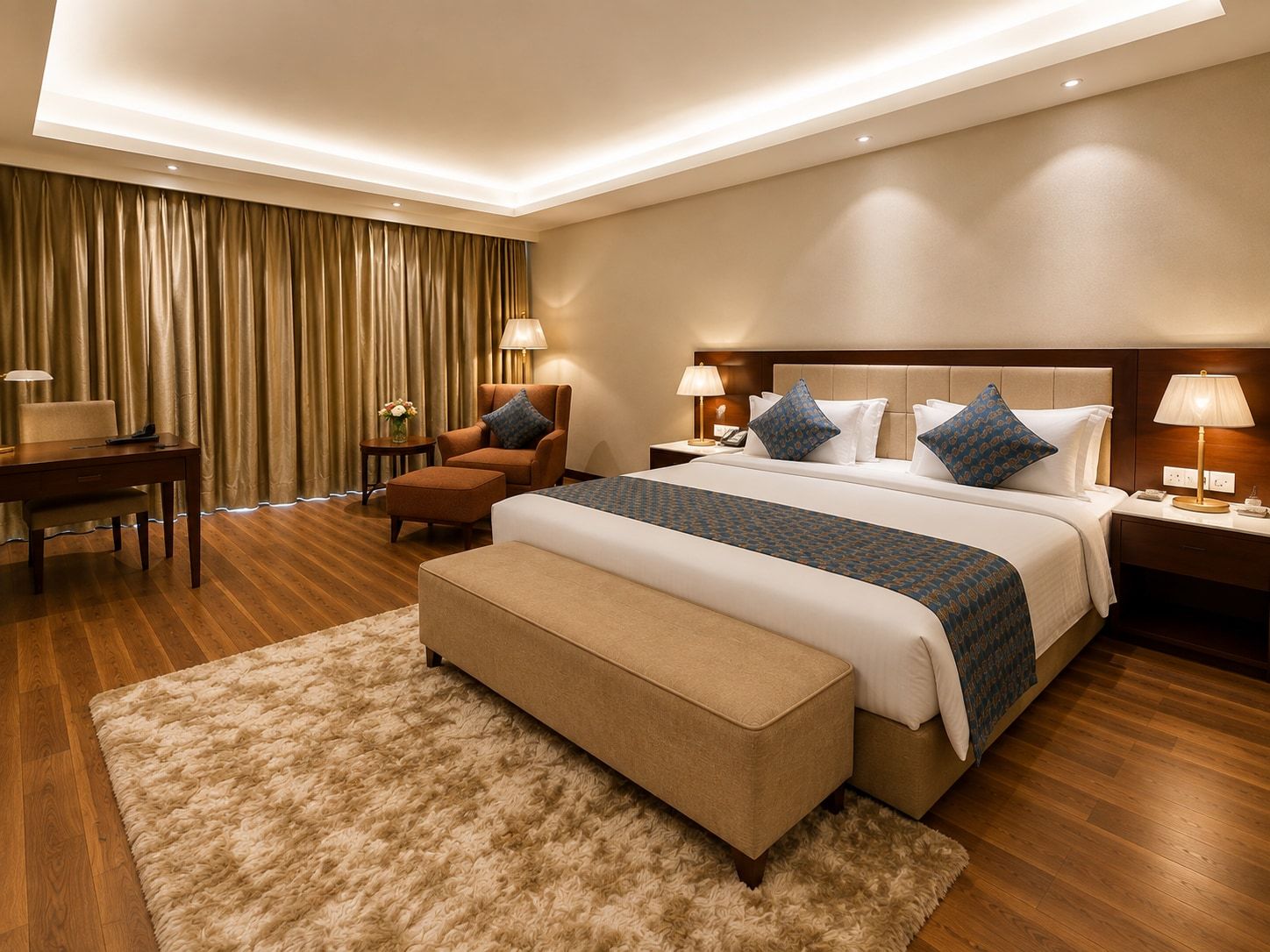 A hotel room with a large bed, two bedside tables, a chair, a desk, and a carpeted floor.