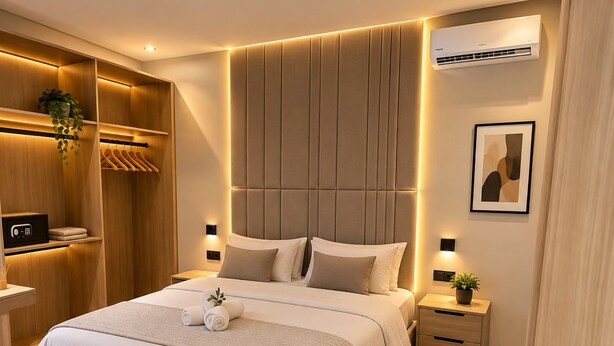 Una camera da letto moderna con un letto grande, comodini, un armadio e un condizionatore.