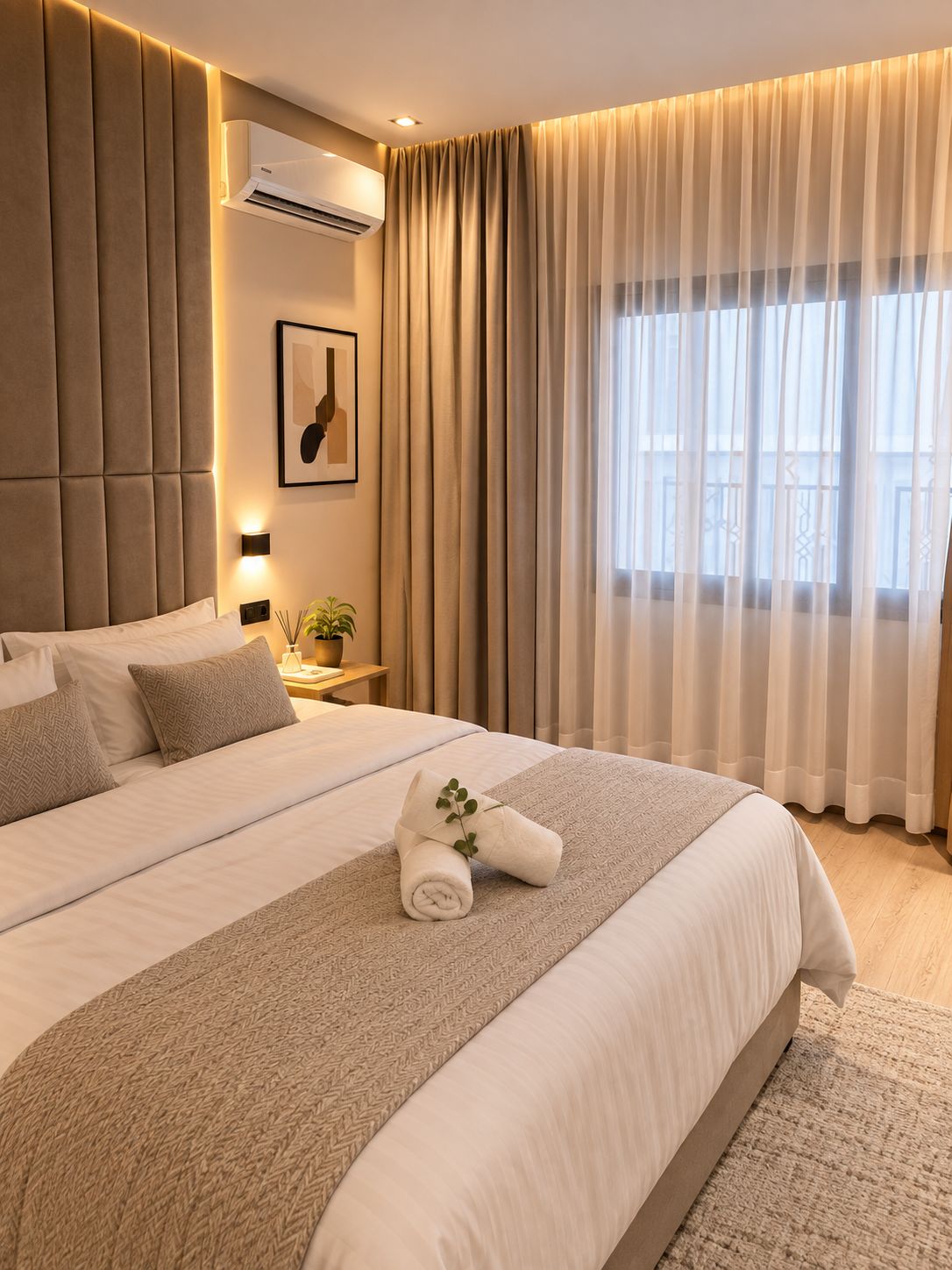 A hotel room with a large bed, a wall-mounted air conditioner, a bedside table with a lamp, and a window with curtains.