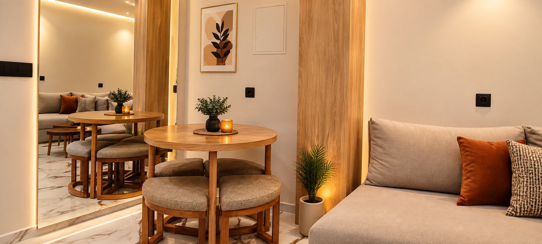 Un intérieur moderne avec un canapé, une table ronde en bois et une petite plante en pot.