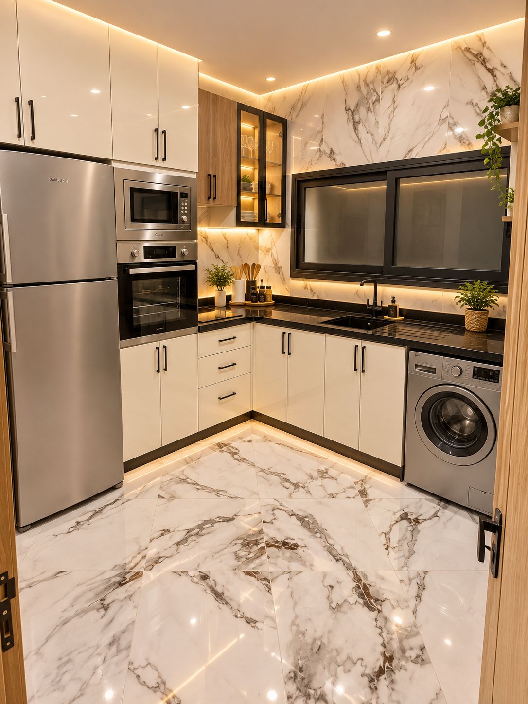 A modern kitchen with stainless steel appliances, marble flooring, and a built-in oven.
