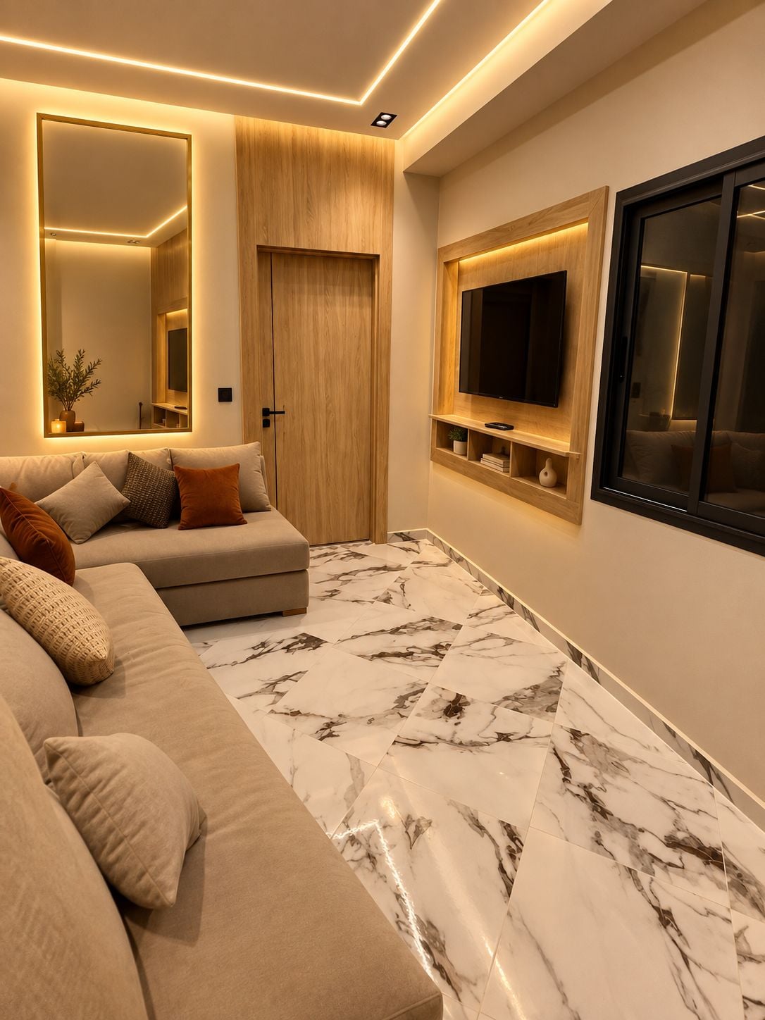 Un salon moderne avec un canapé, un téléviseur fixé au mur et une porte en bois.