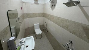 A bathroom with a toilet, sink, mirror, and a shower. - Classic Ayodhya Junction Road (Faizabad)