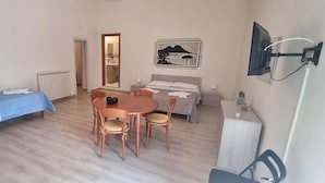 Une pièce comprenant un lit, une table à manger avec des chaises, un canapé, un téléviseur fixé au mur et un radiateur.