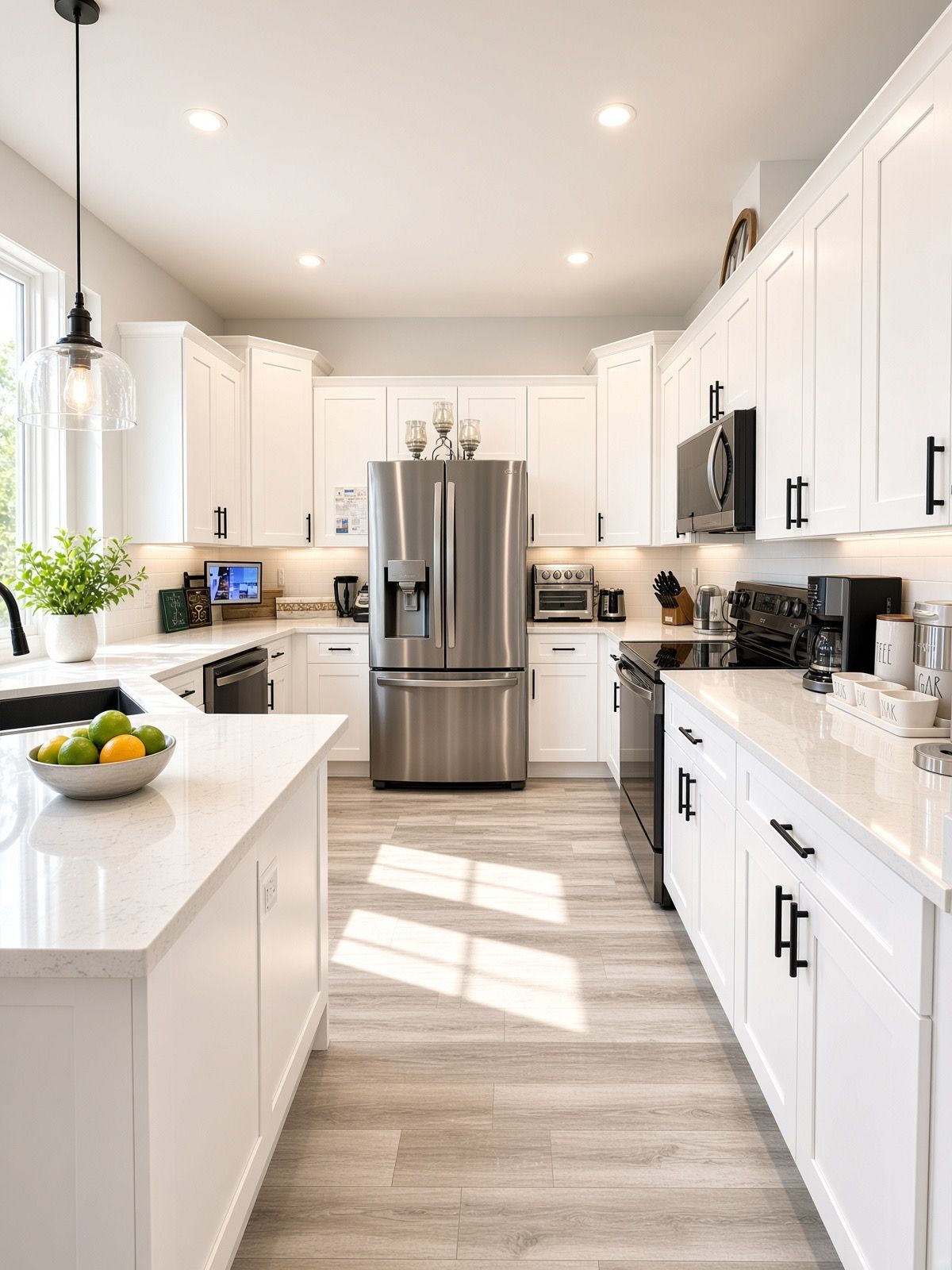 A modern kitchen with white cabinetry, a stainless steel refrigerator, and a central island with a bowl of fruit.