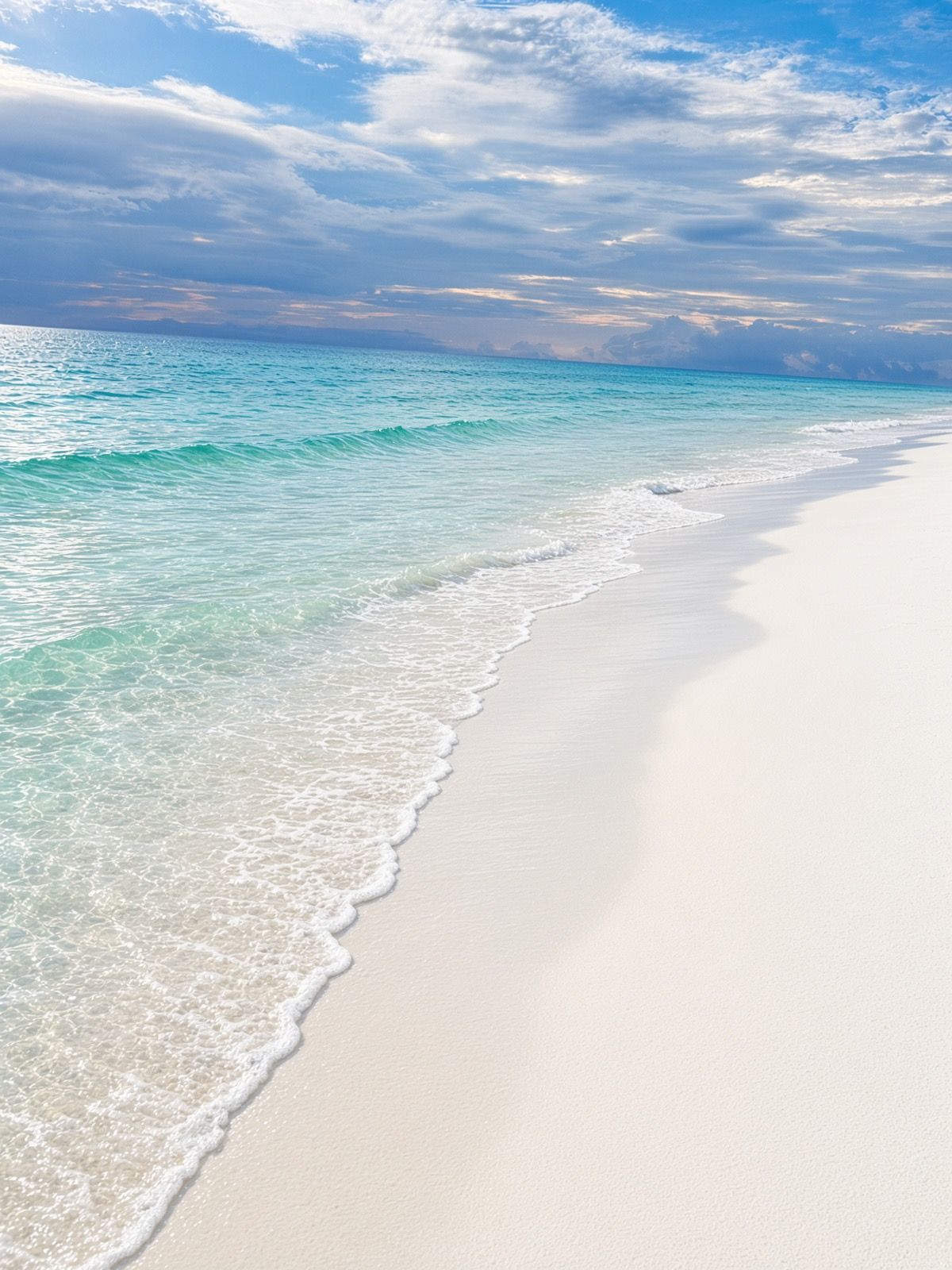 A beach with clear turquoise water and white sand.