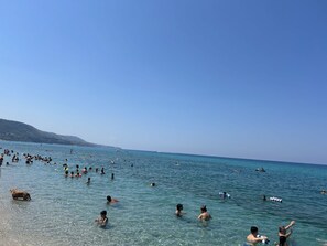 Ein überfüllter Strand voller Menschen, die schwimmen und das Wasser genießen.