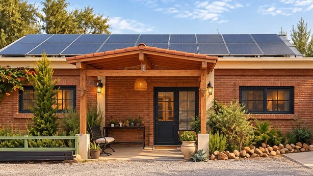 A brick house with a covered porch, solar panels, and a gravel driveway. - Quinta Aurora - Relaxing Wine Country Casa w/Pool (San Marco)
