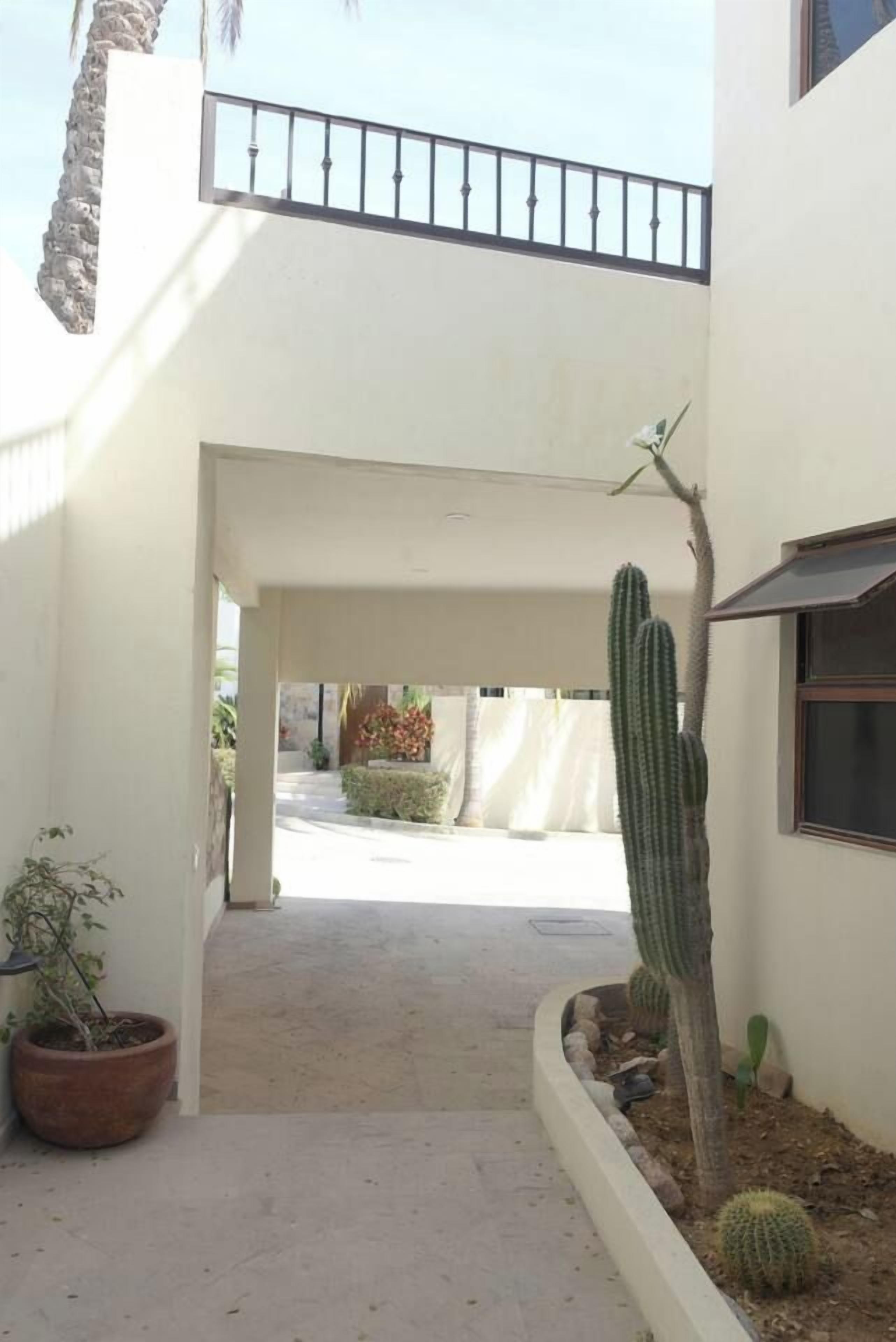 L'ingresso di un edificio con un giardino di cactus, una pianta in vaso e una ringhiera in metallo.