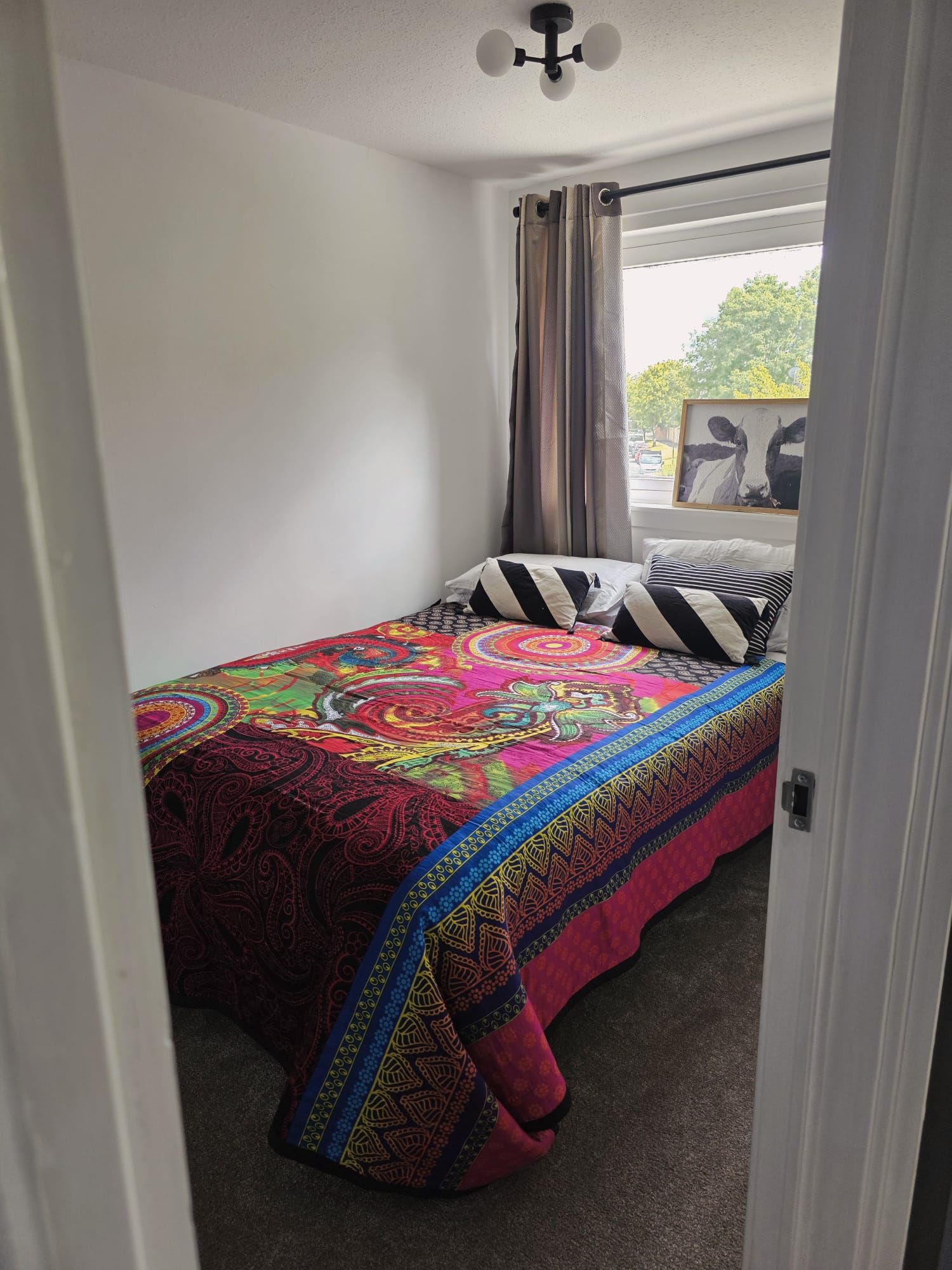 A small bedroom with a bed, a window with curtains, and a ceiling fan.