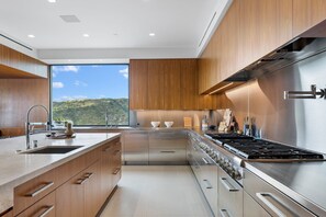 Eine moderne Küche mit einer großen Kochinsel, Edelstahlgeräten und Blick ins Freie.