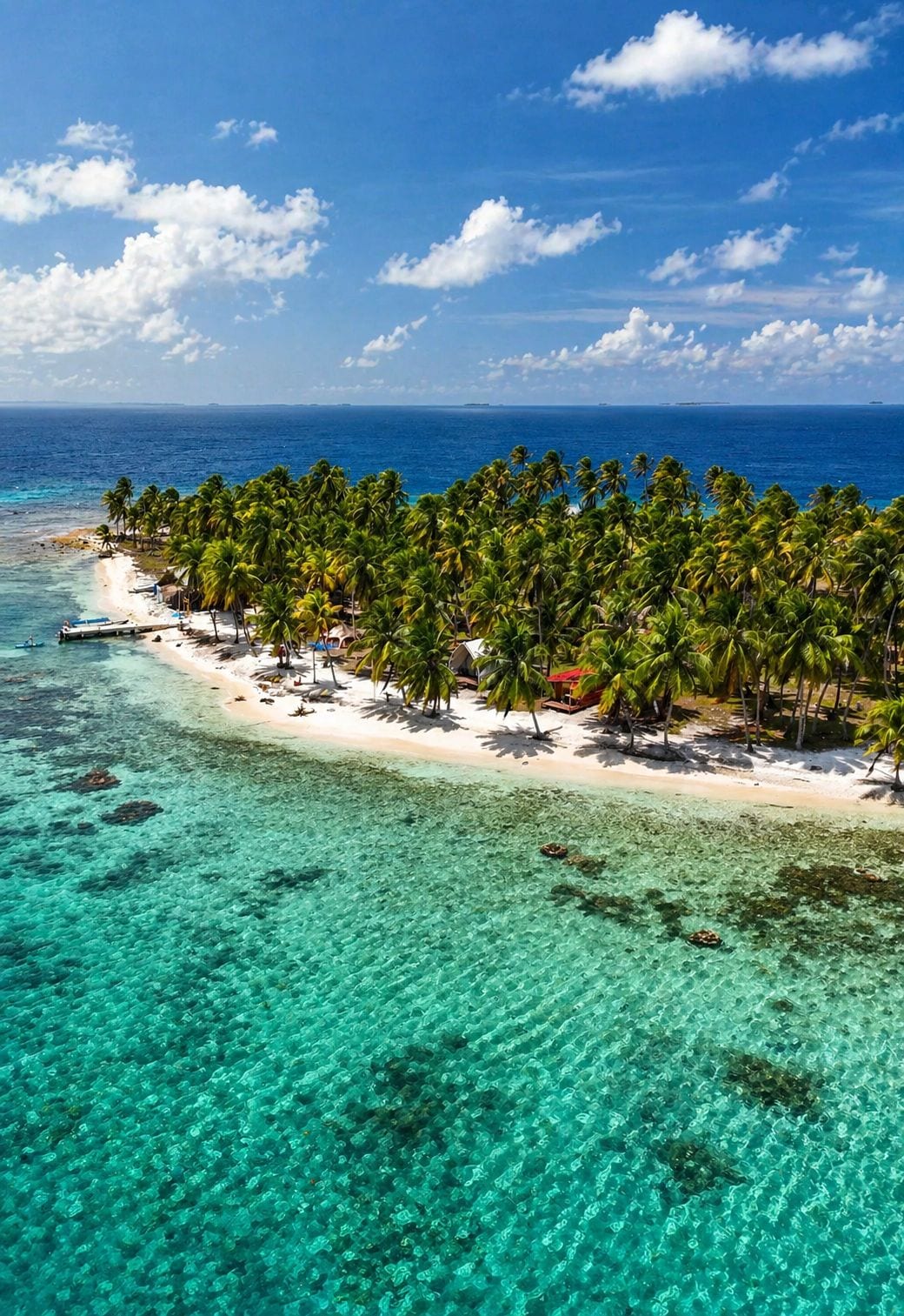 A tropical beach with clear turquoise waters, palm trees, and a small island with buildings.