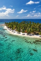 Una playa tropical con aguas turquesas cristalinas, palmeras y una pequeña isla con edificios.