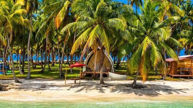 A beach with palm trees, a thatched hut, and a wooden structure. - glampling sanblas luxury (Panamá)