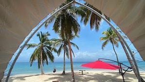 A beach view with a canopy, palm trees, and beach chairs. - glampling sanblas luxury (Panamá)